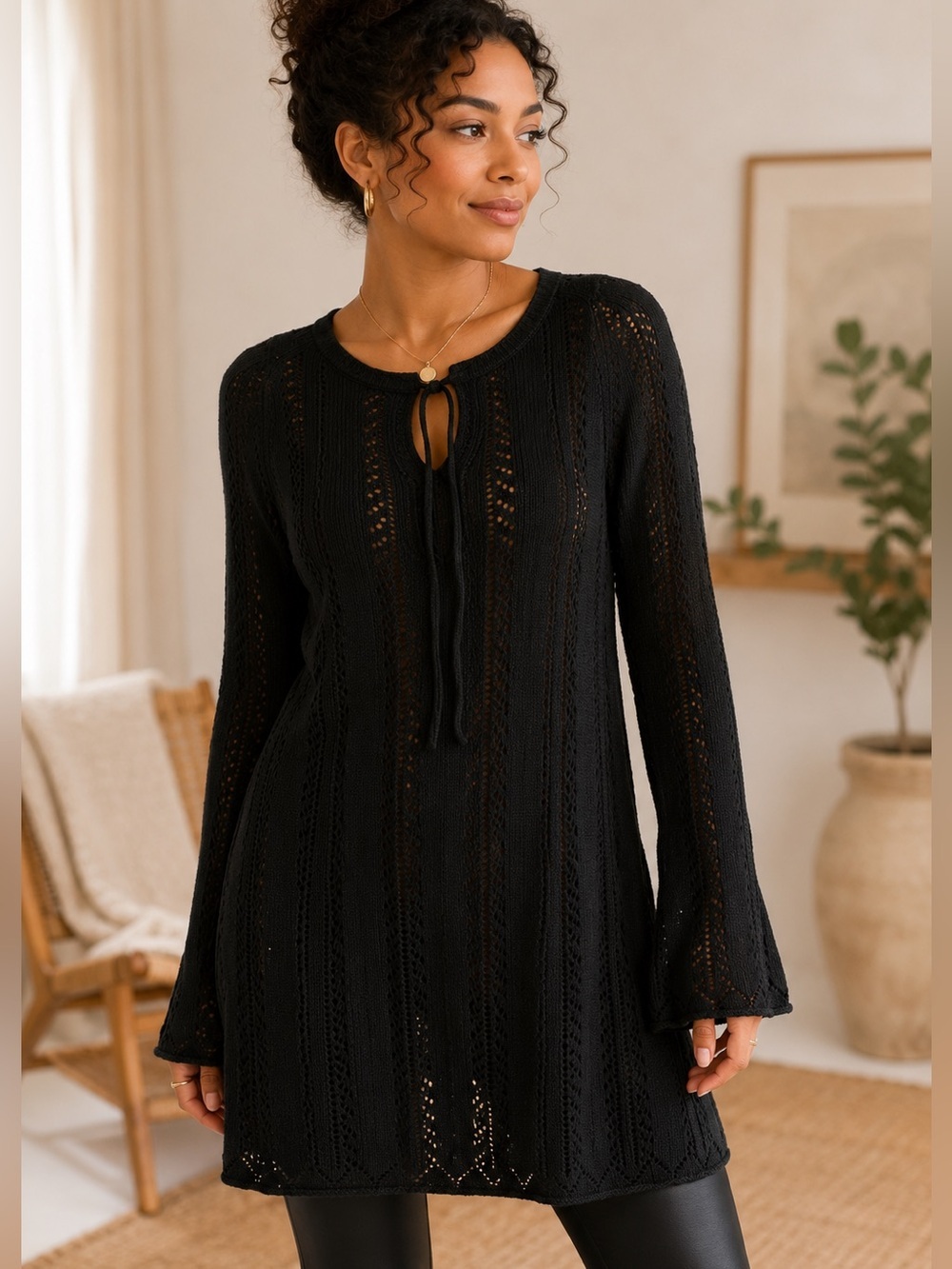 Xhilaration Black Pointelle Knit Tunic Sweater Dress Keyhole Large